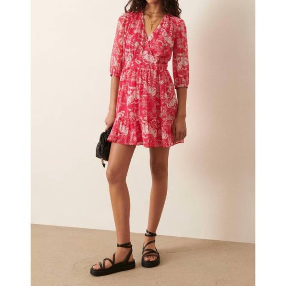 NWT ba&sh Ulia Wrap Summer Mini‎ Dress Rose Pink Print Size 8 Large